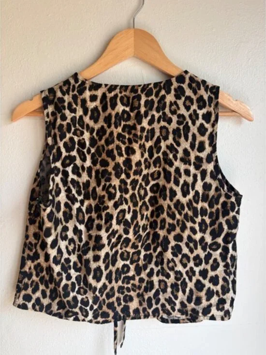 Womens Leopard Print Tie Front Vest Top Brown Black Animal Print Cropped Medium - Picture 2 of 4
